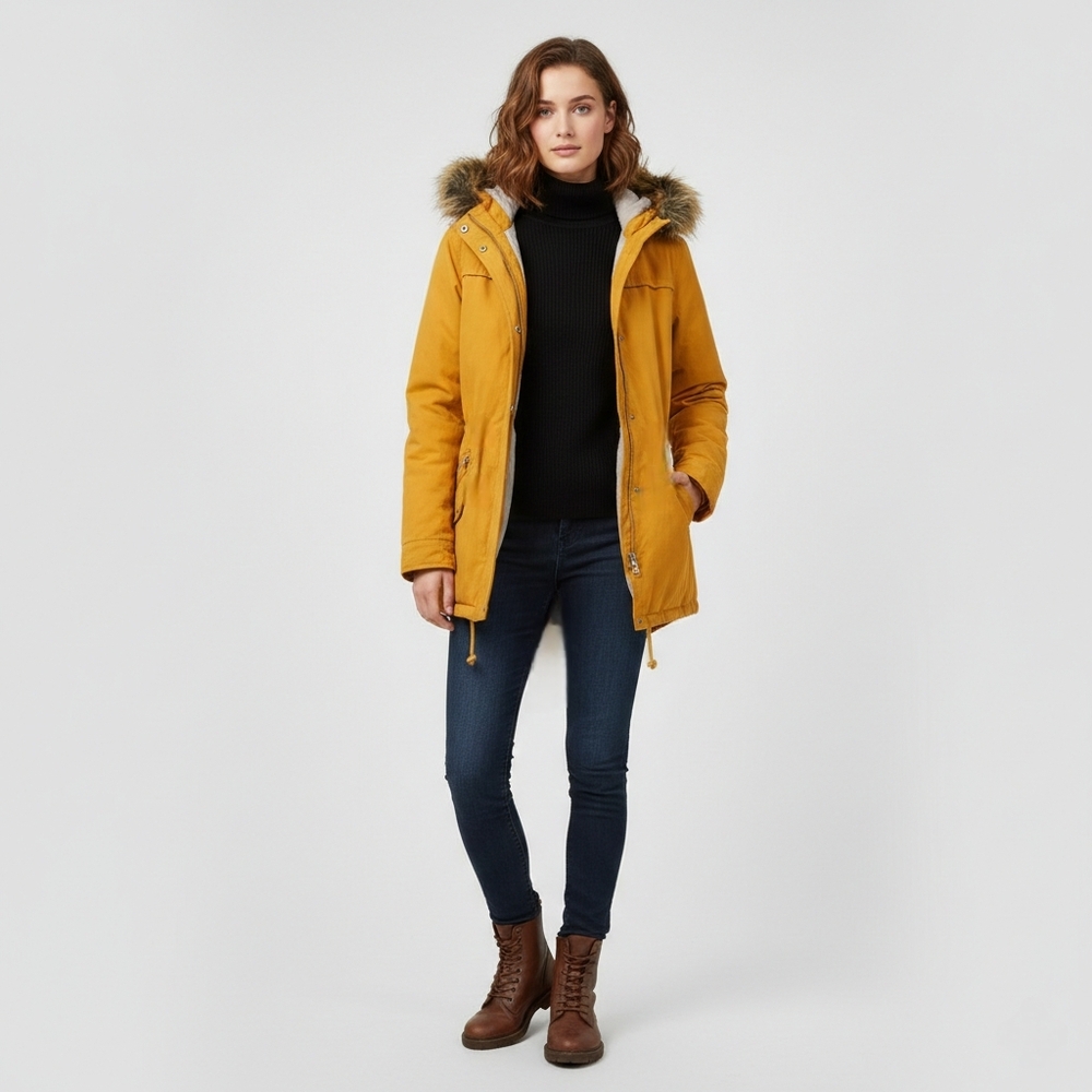 Suzy Shier Mustard Utility Jacket with Faux Fur Trim